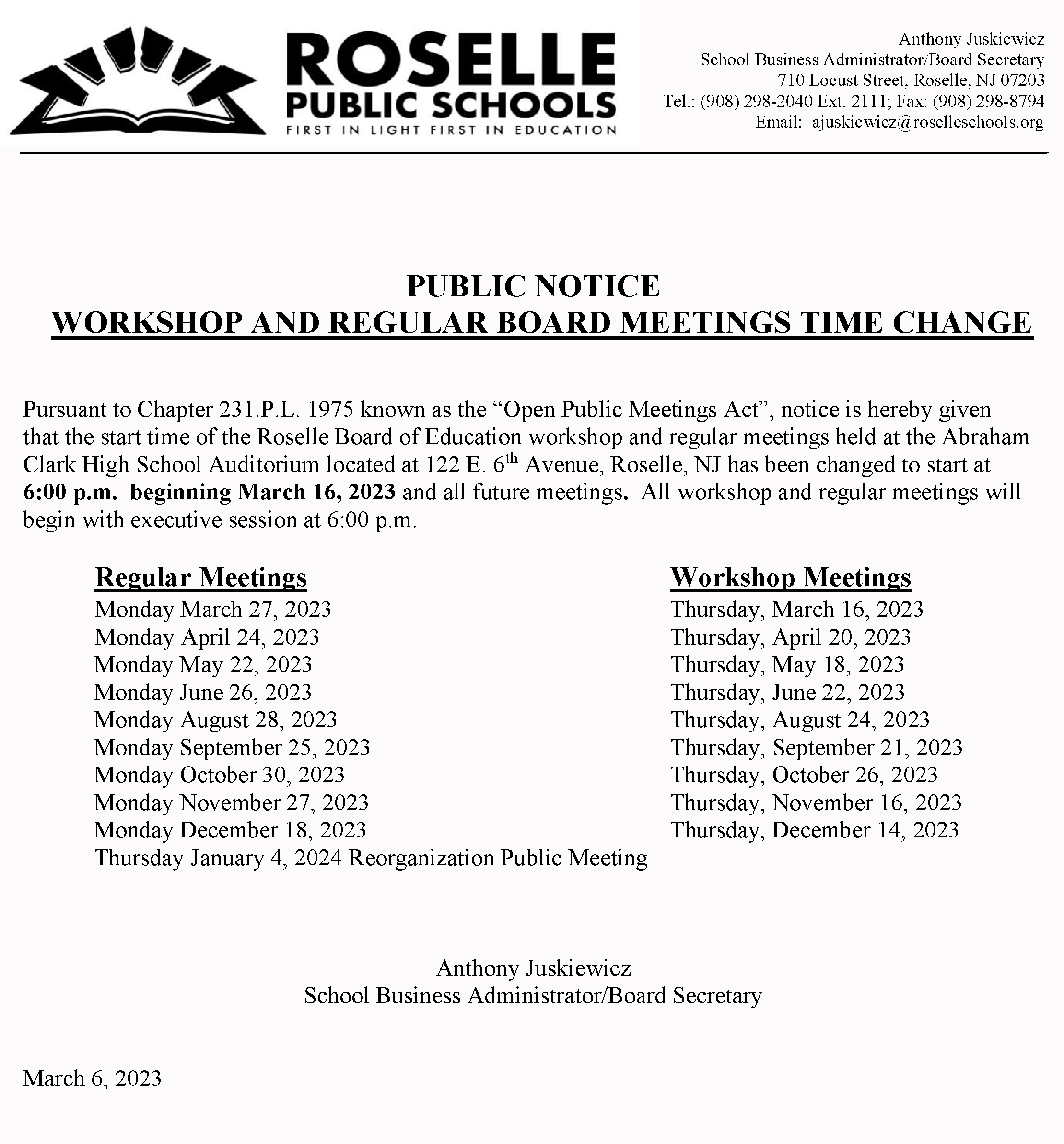 RPS Workshop & Regular Board Meetings Time Change (1)